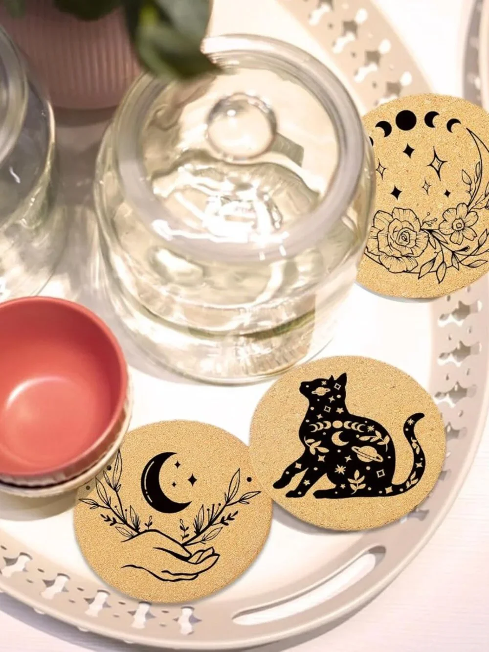 Coasters for Drinks with Holder Set of 6, Vintage Sun Moon Absorbent Cork Wood C